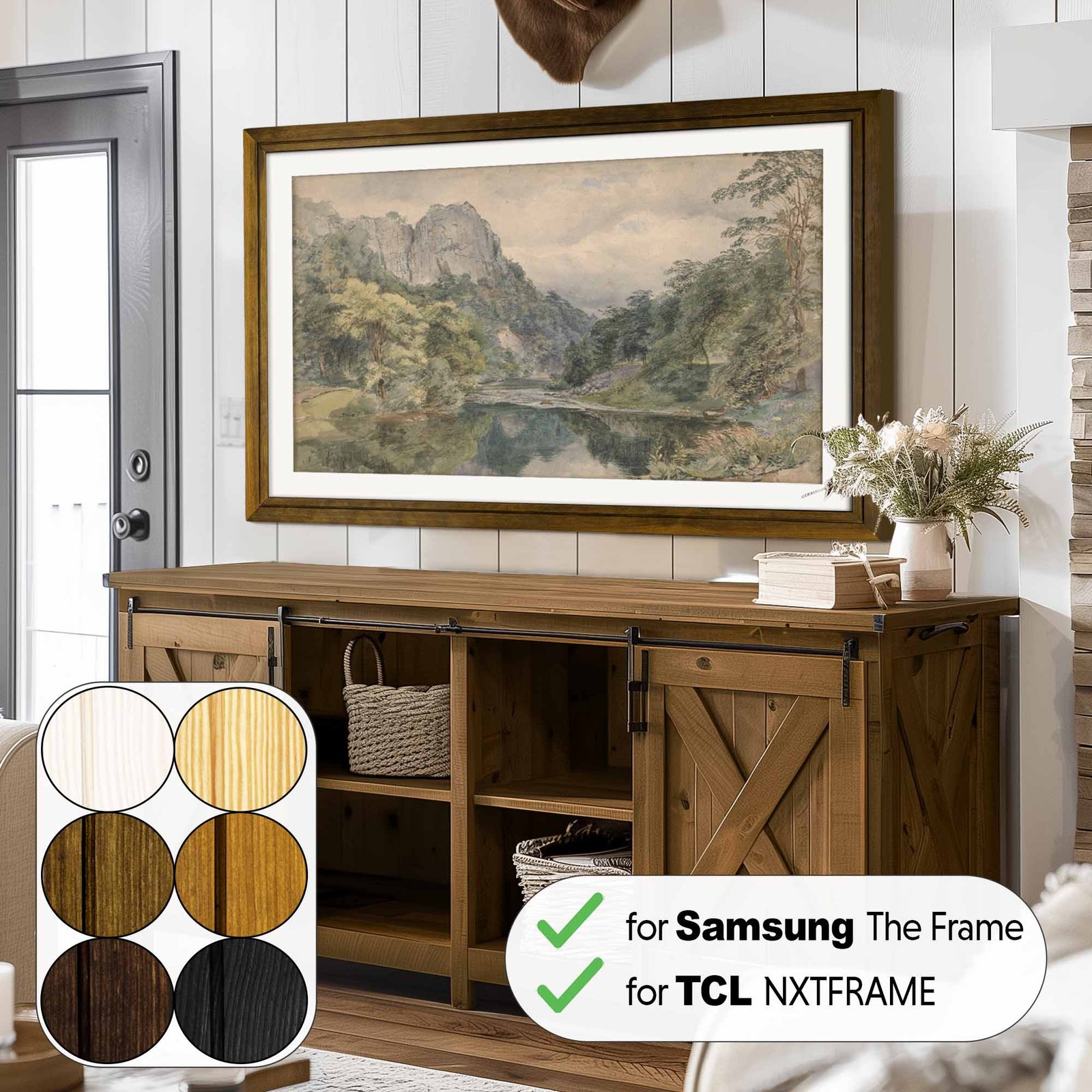 Jacobean Brown Pine TV Frame above Farmhouse TV stand in modern rustic interior design