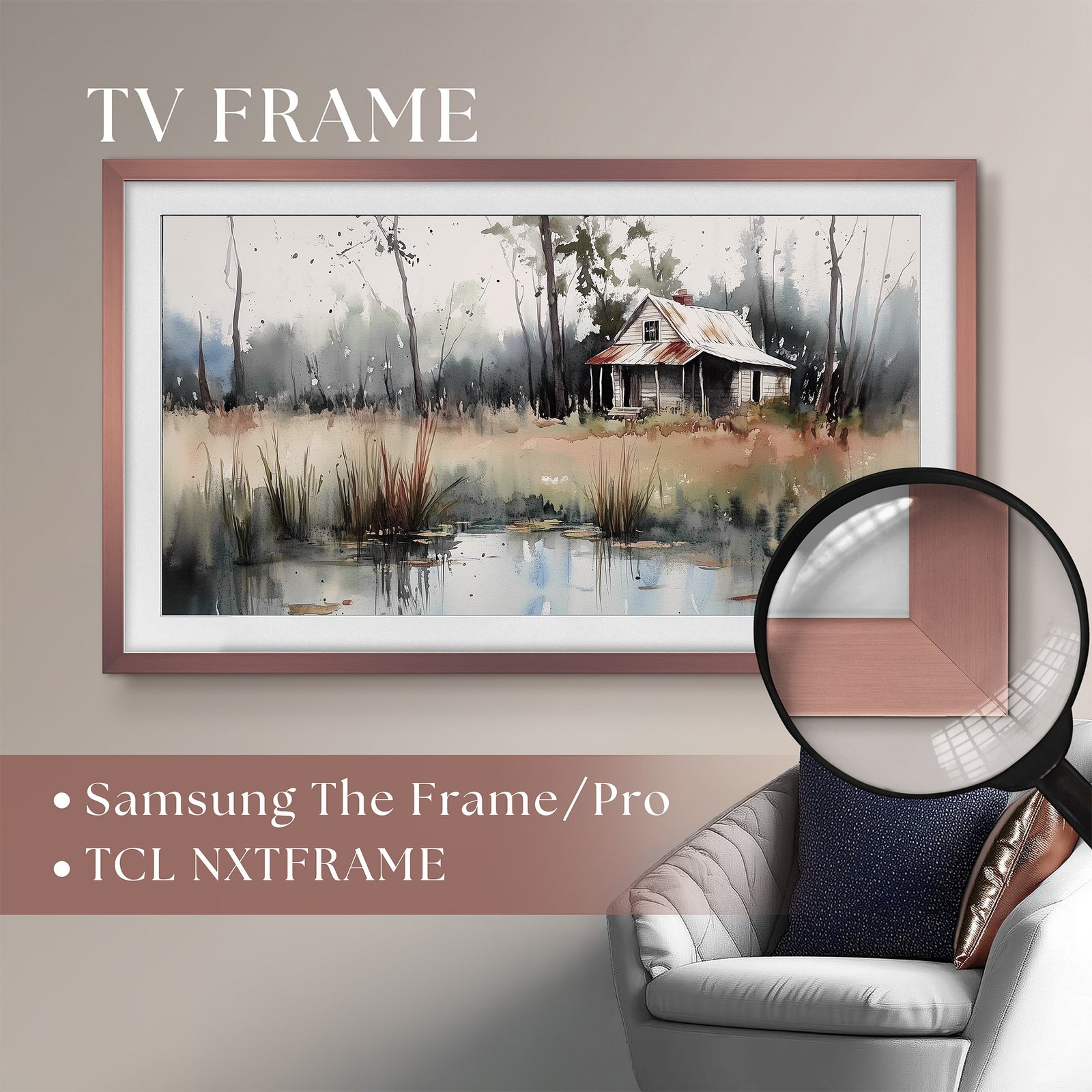 rose gold tv frame, copper tv frame, taupe beige wall, white chair with pillows