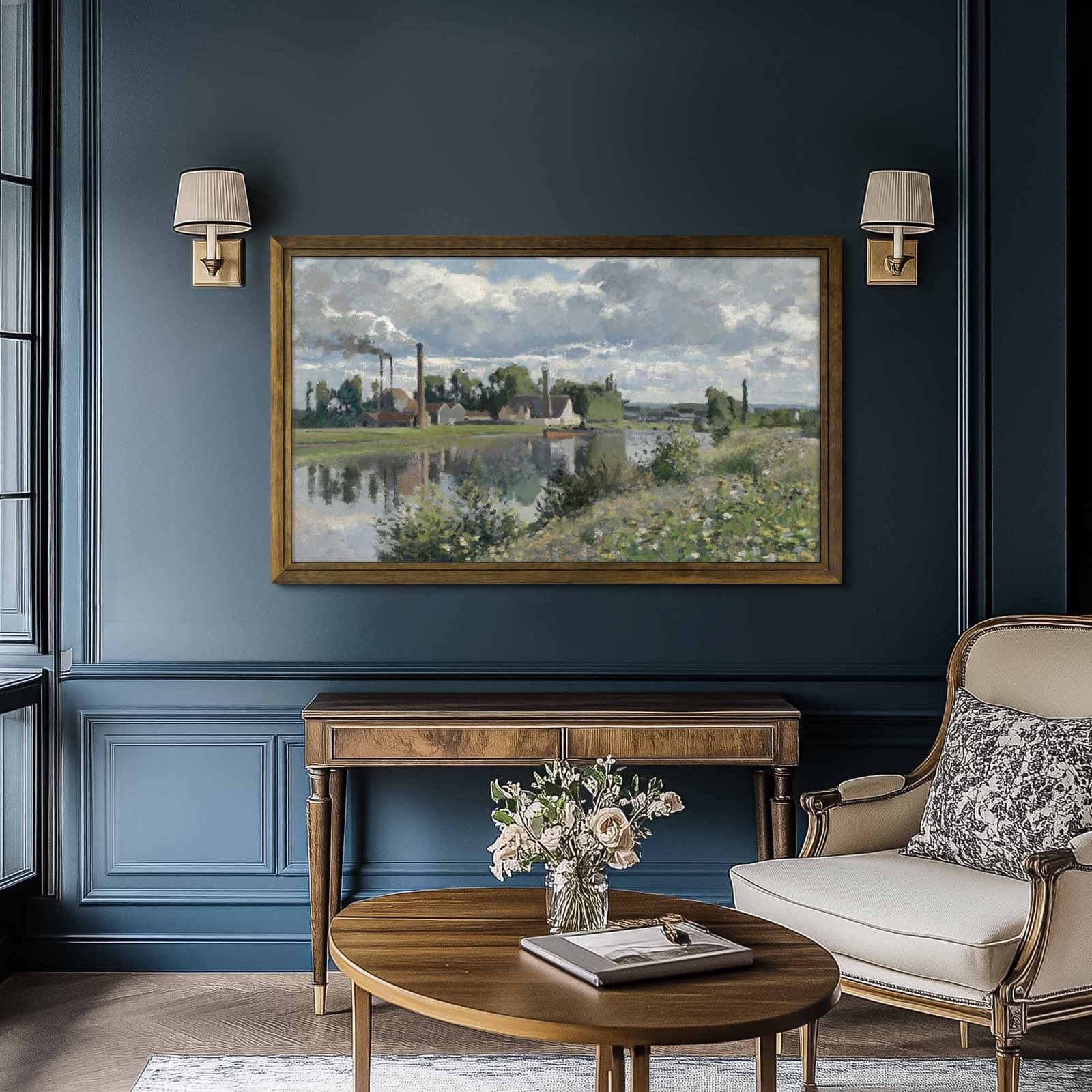 jacobean brown wooden TV bezel on the muted blue wall in classic design