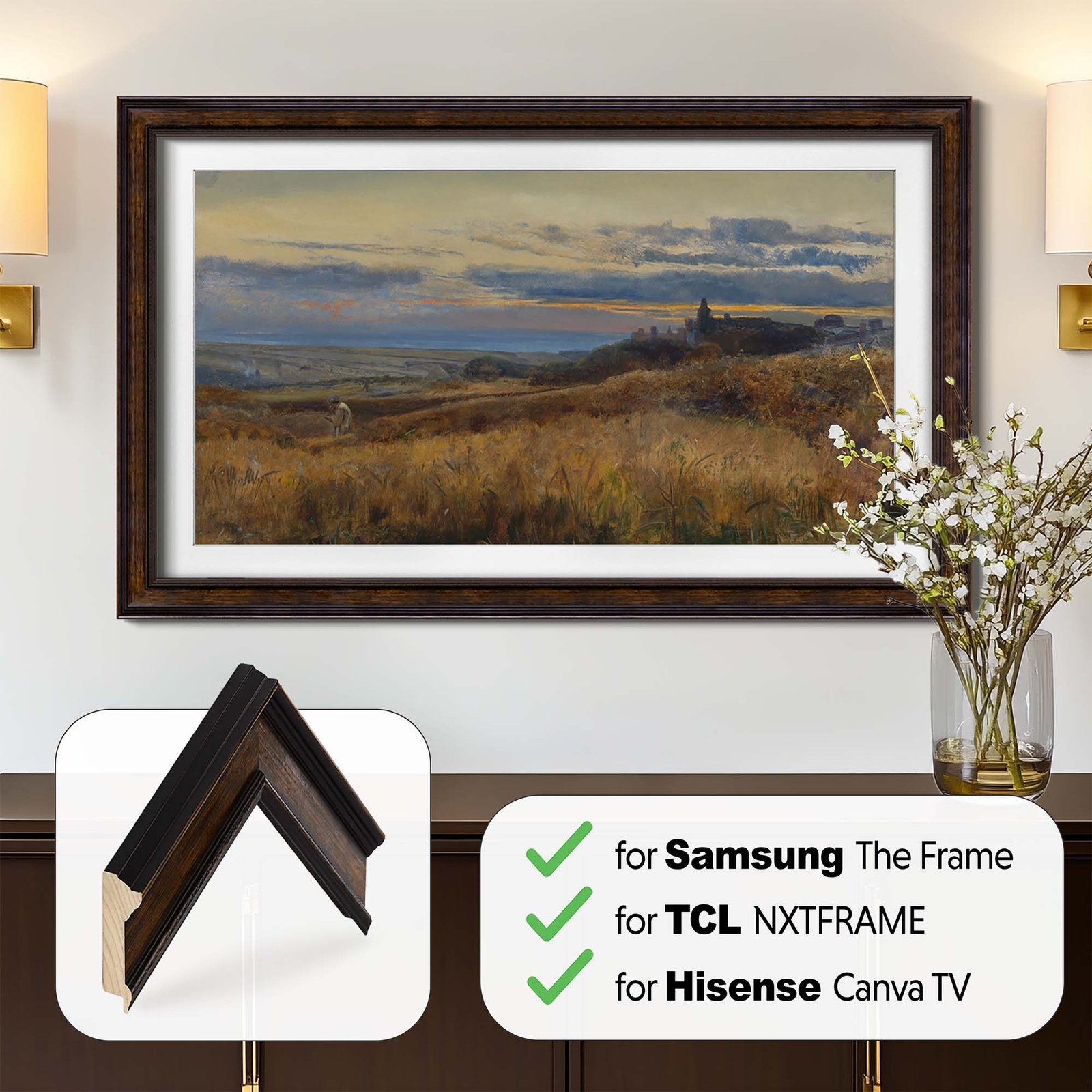 Framed painting on a wall with compatibility information for Samsung, TCL, and Hisense TVs.